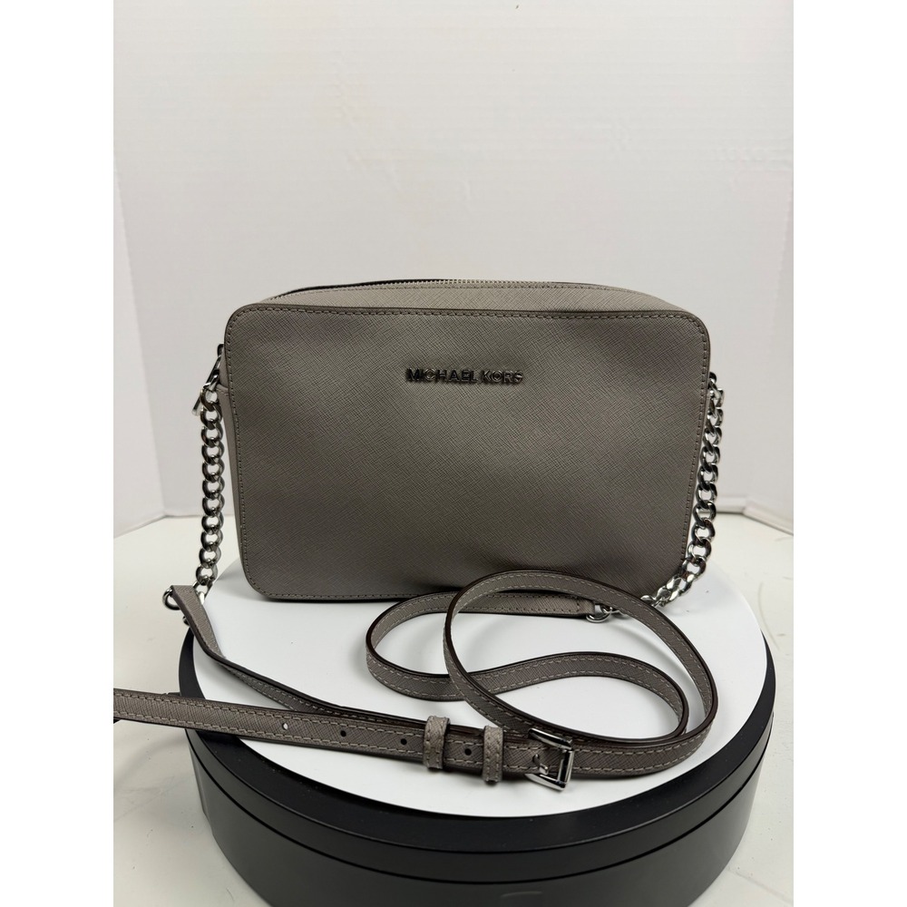 Michael Kors Jet Set Large East West Crossbody Bag Grey Saffiano Leather Silver